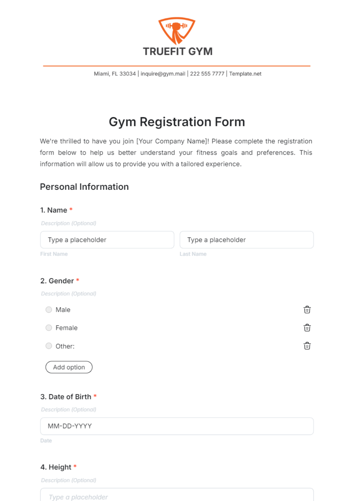 Gym Registration Form Template - Edit Online & Download