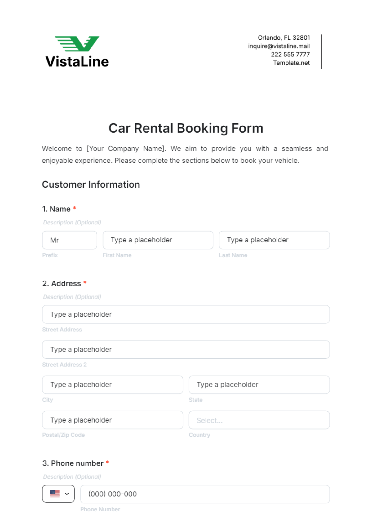 Car Rental Booking Form Template - Edit Online & Download