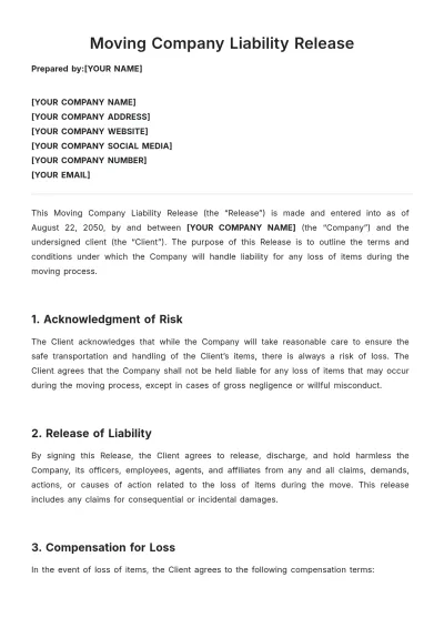 Free Moving Company Liability Release Template to Edit Online