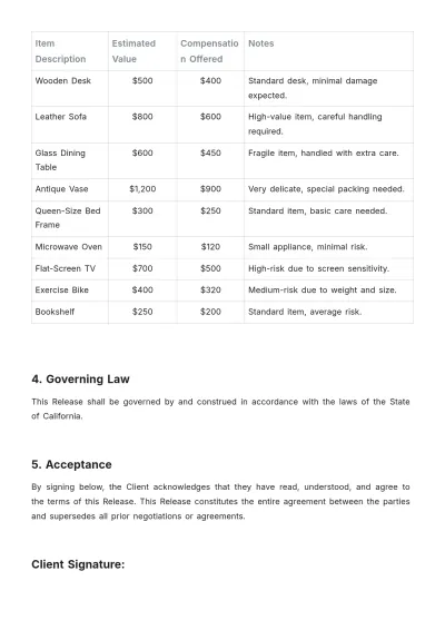 Free Moving Company Liability Release Template to Edit Online