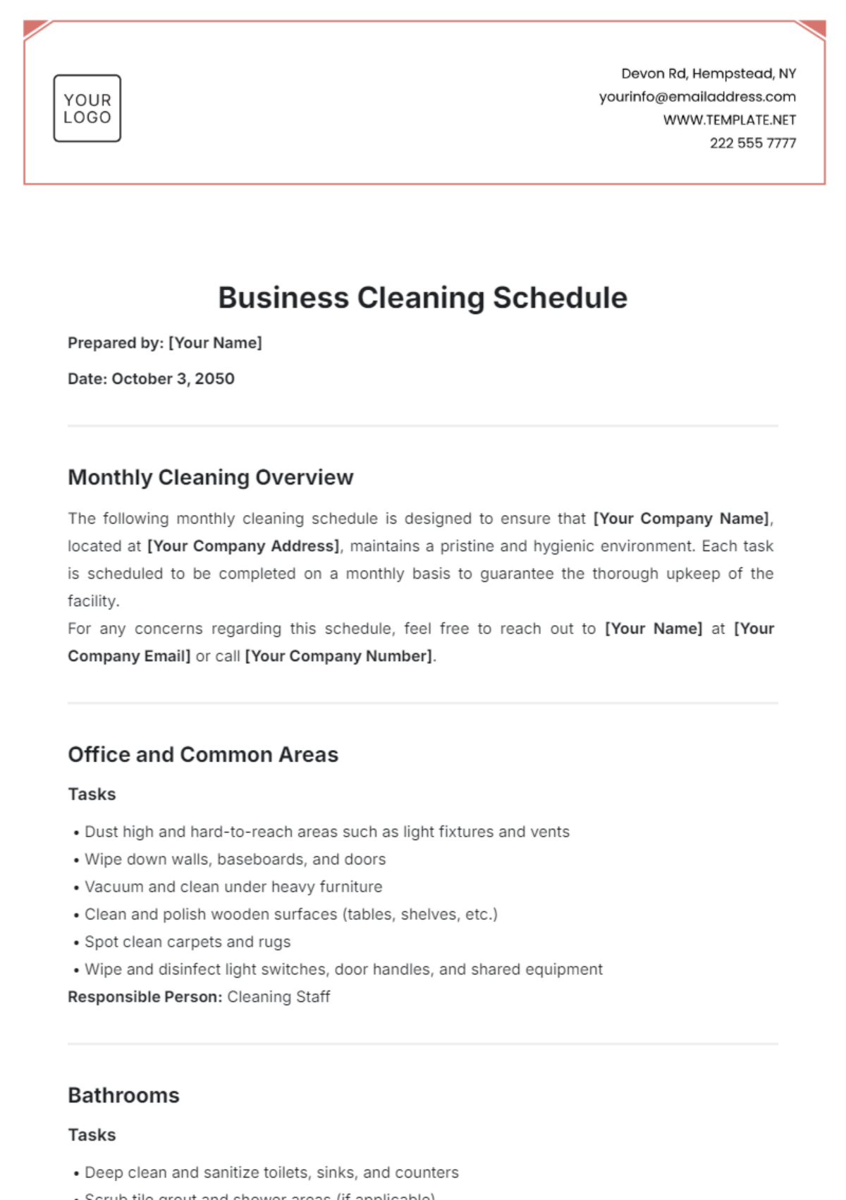 Business Cleaning Schedule Template - Edit Online & Download