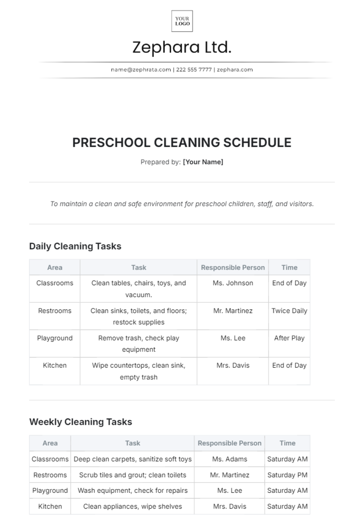 Preschool Cleaning Schedule Template - Edit Online & Download