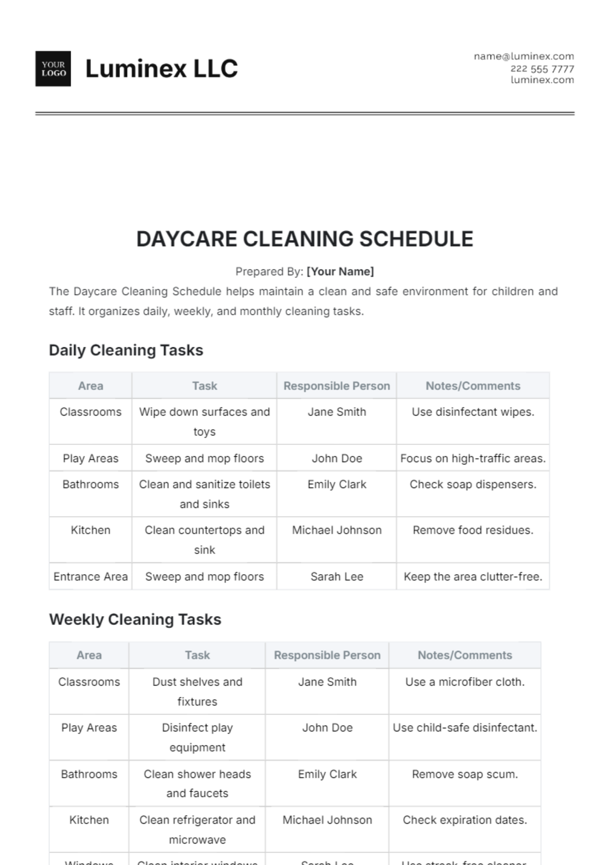 Daycare Cleaning Schedule Template - Edit Online & Download