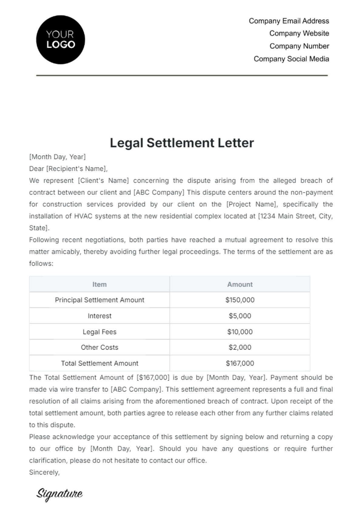 Legal Settlement Letter Template - Edit Online & Download