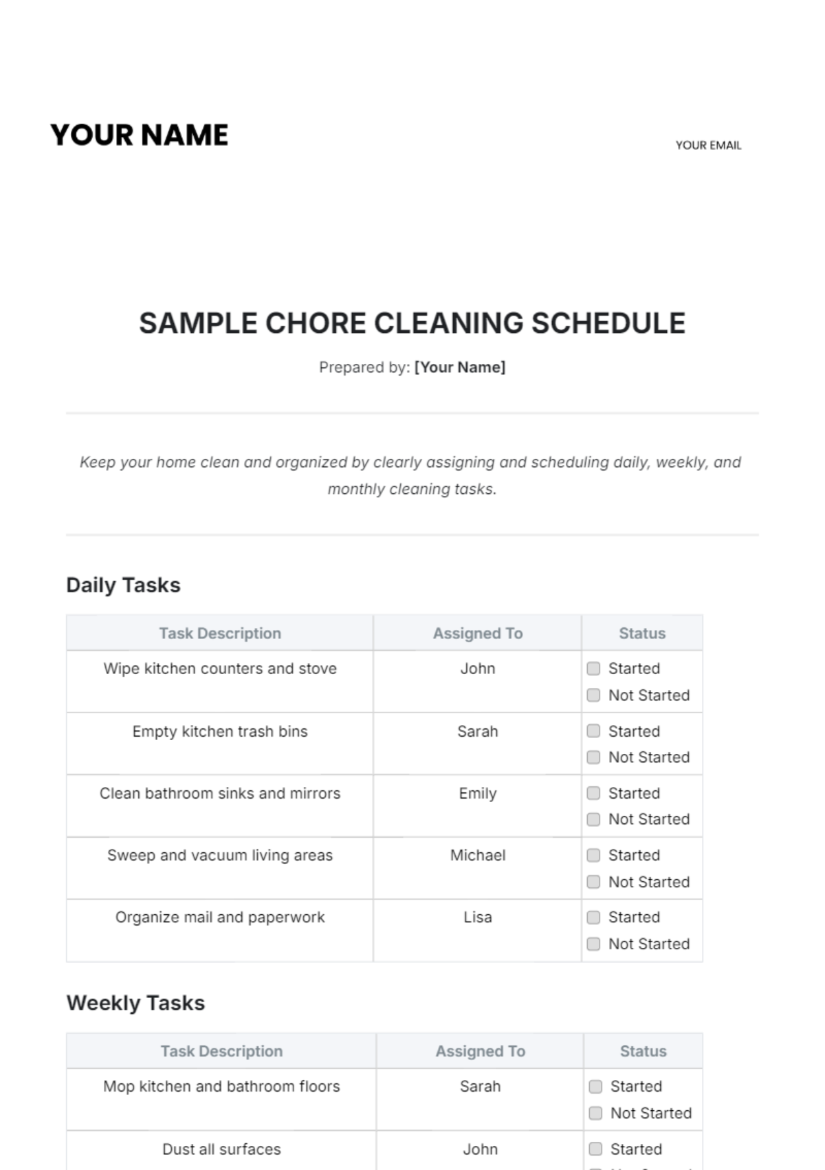 Sample Chore Cleaning Schedule Template - Edit Online & Download