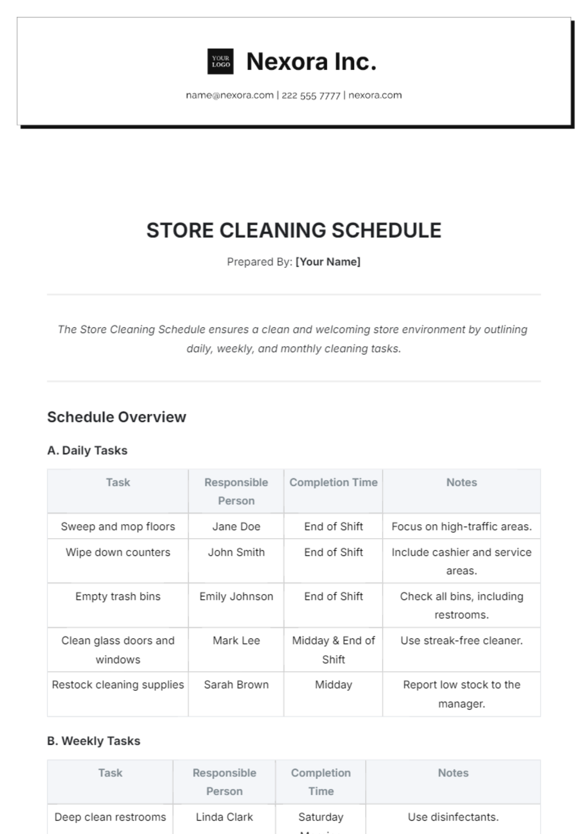 Store Cleaning Schedule Template - Edit Online & Download