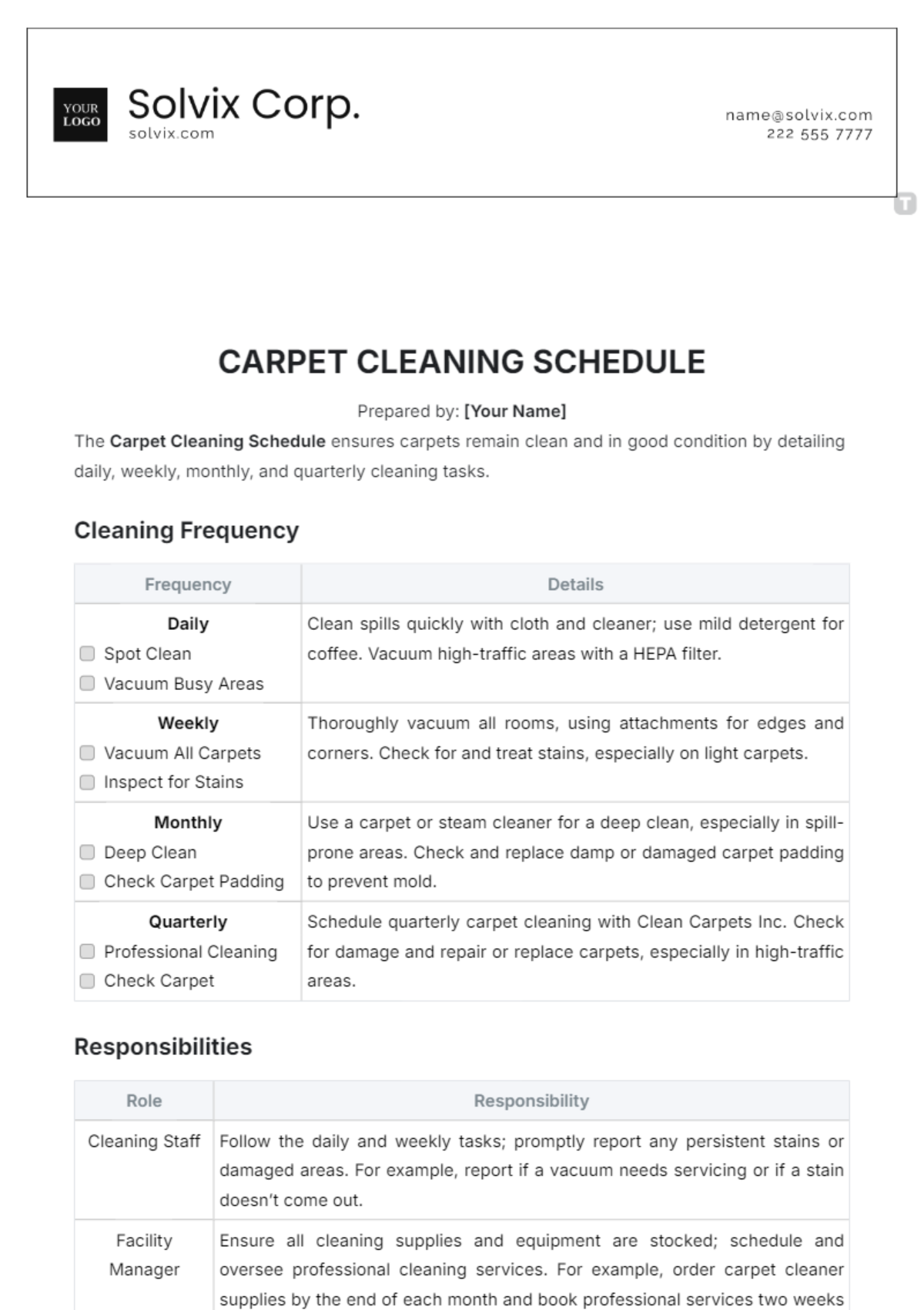 Carpet Cleaning Schedule Template - Edit Online & Download