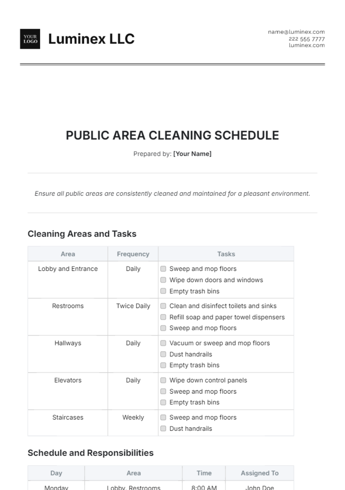 Public Area Cleaning Schedule Template - Edit Online & Download