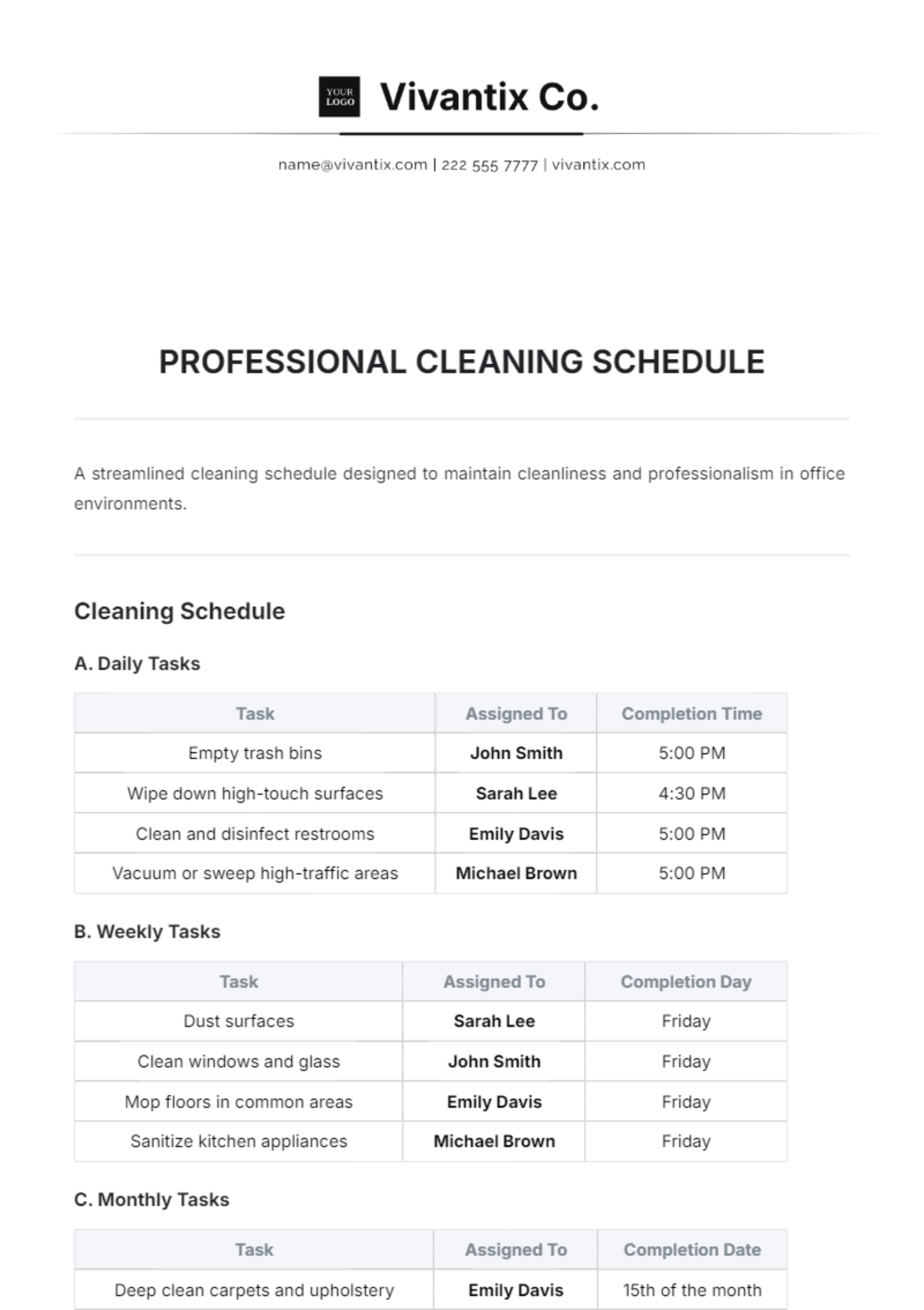 Professional Cleaning Schedule Template - Edit Online & Download