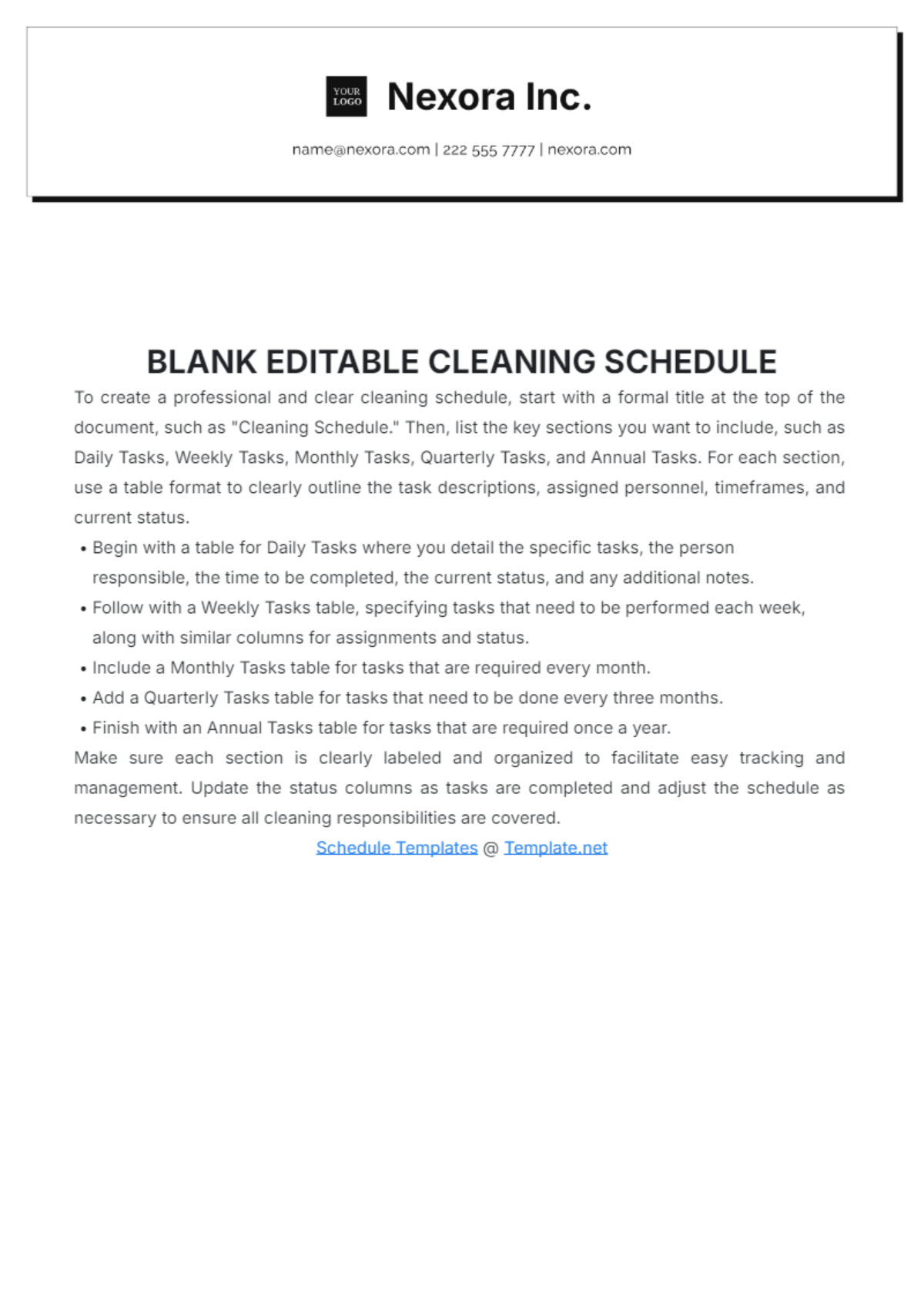 Blank Editable Cleaning Schedule Template - Edit Online & Download