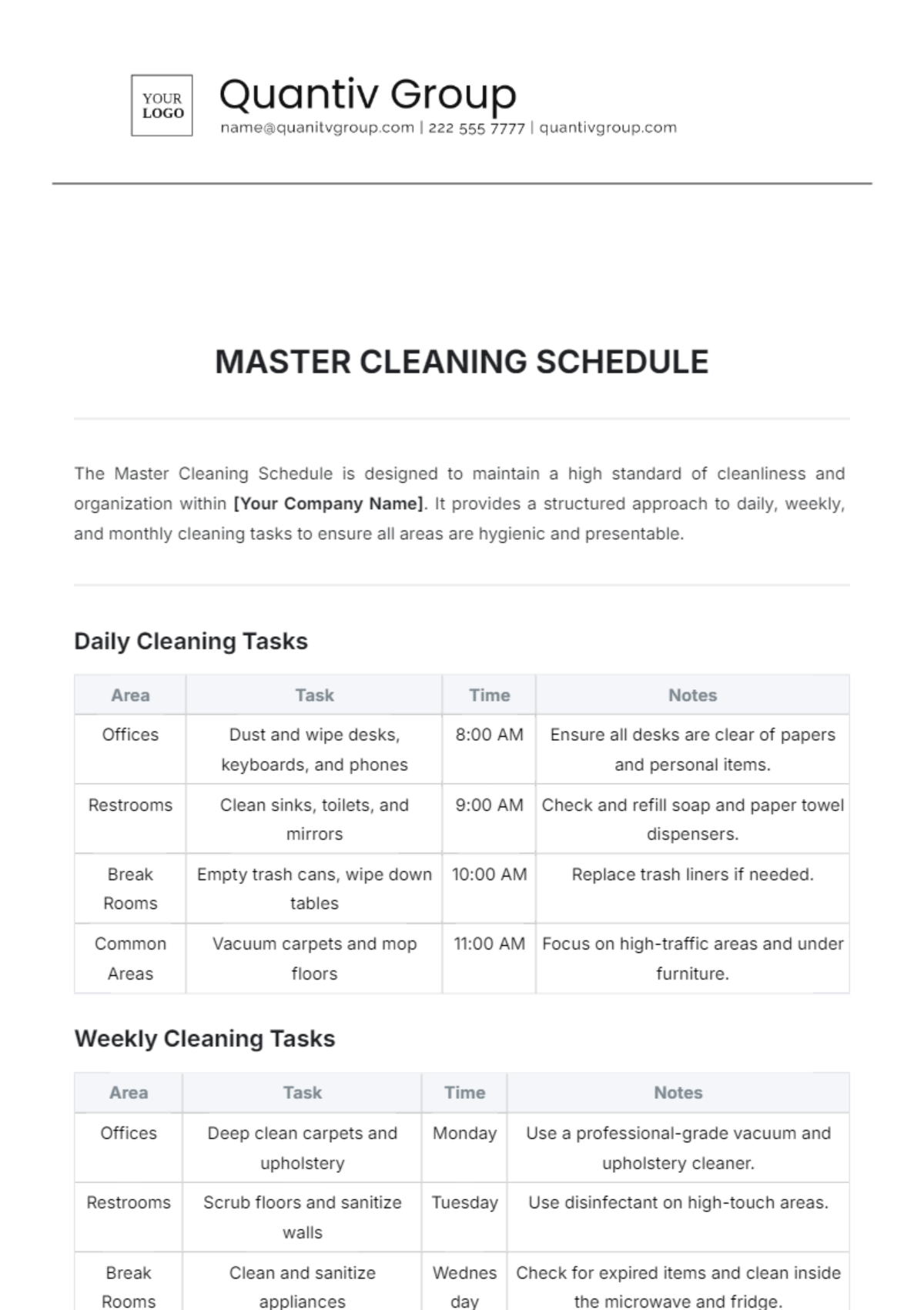 Master Cleaning Schedule Template - Edit Online & Download