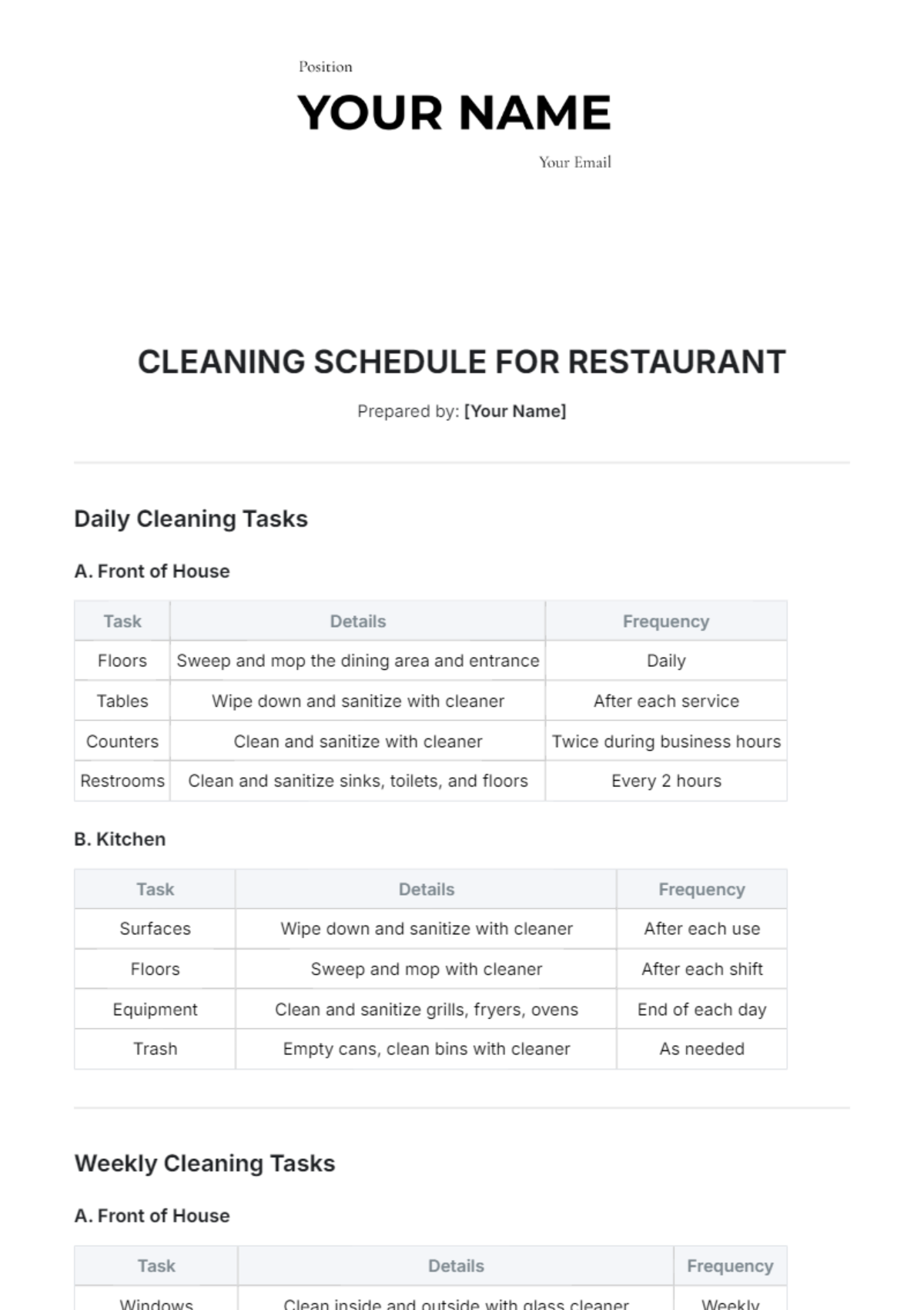 Cleaning Schedule for Restaurant Template - Edit Online & Download