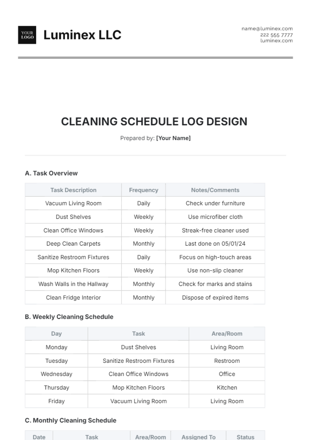 Cleaning Schedule Log Design Template - Edit Online & Download