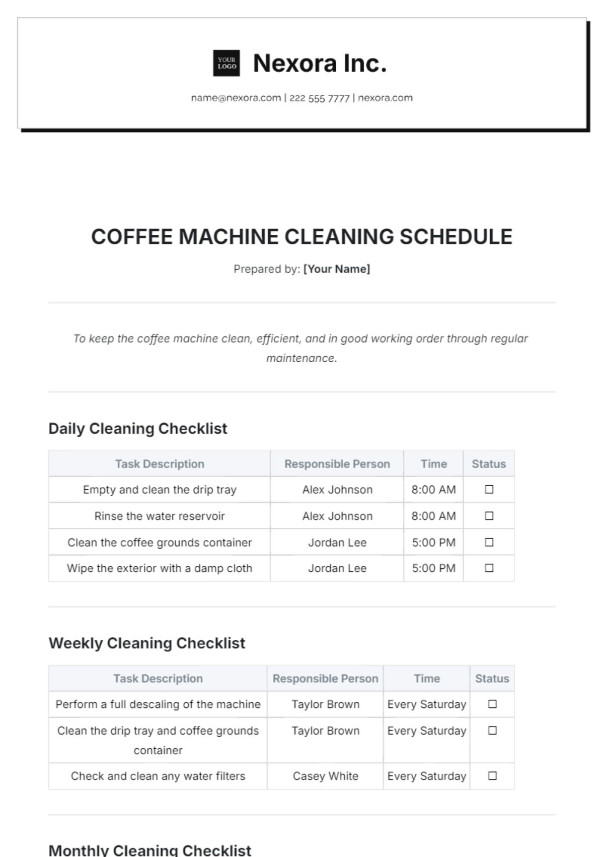 Coffee Machine Cleaning Schedule Template - Edit Online & Download