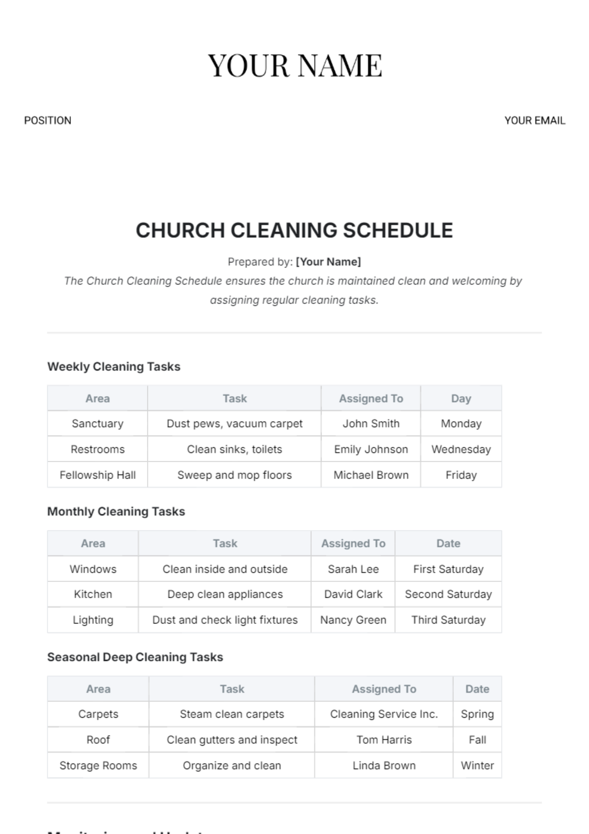 Church Cleaning Schedule Template - Edit Online & Download