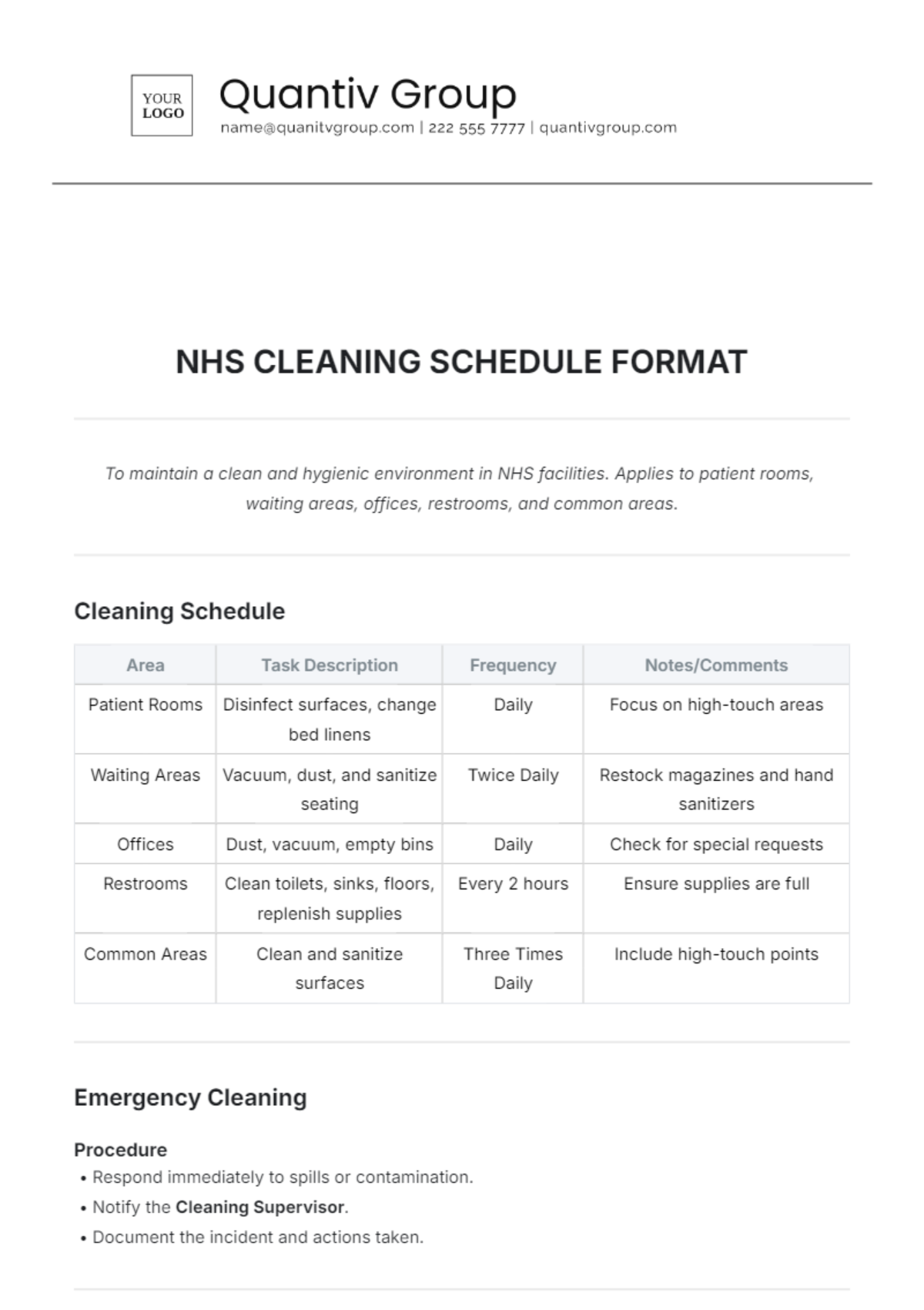 NHS Cleaning Schedule Format Template - Edit Online & Download