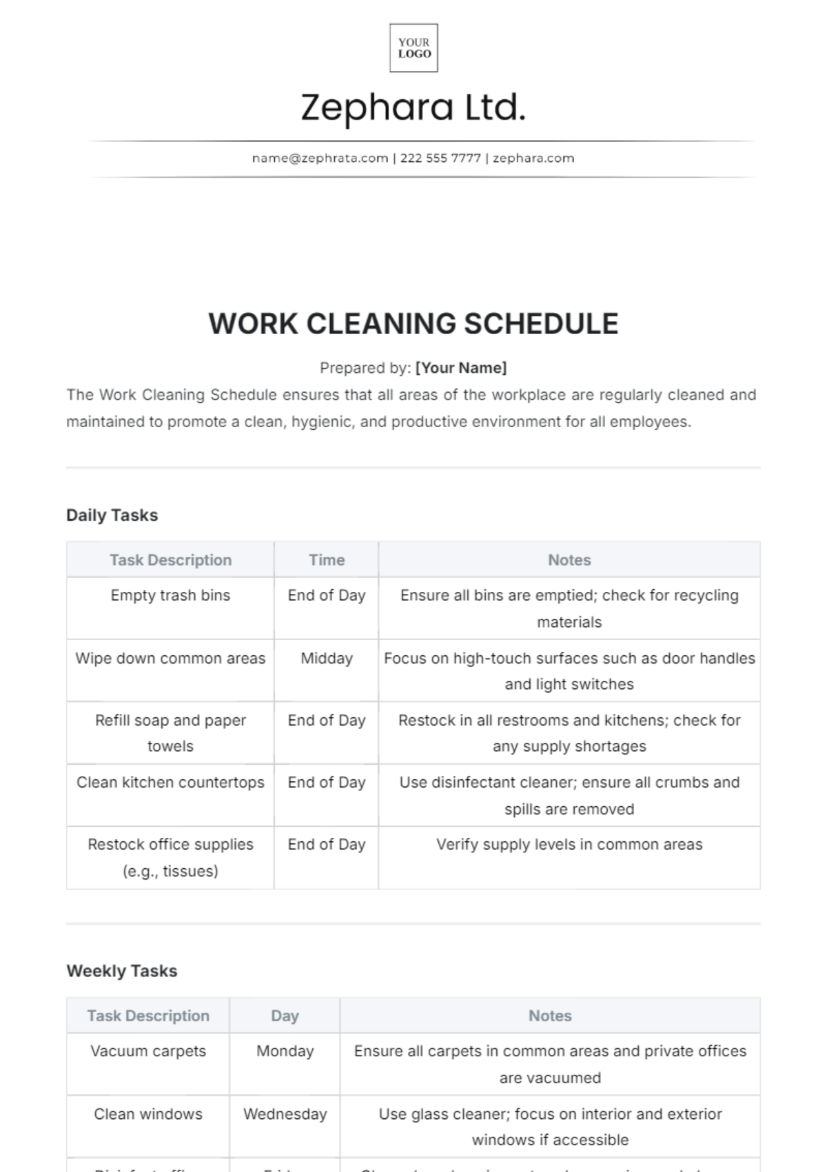 Work Cleaning Schedule Template - Edit Online & Download