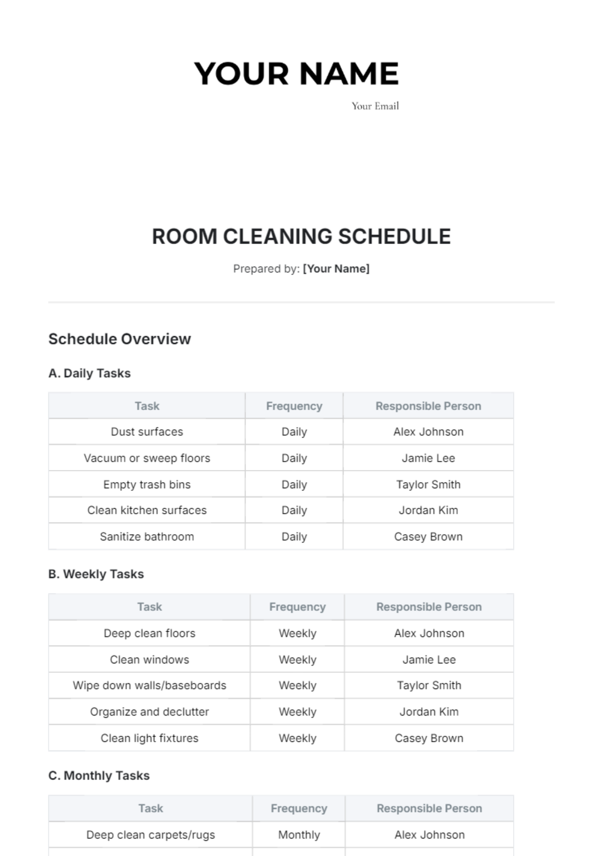 Room Cleaning Schedule Template - Edit Online & Download