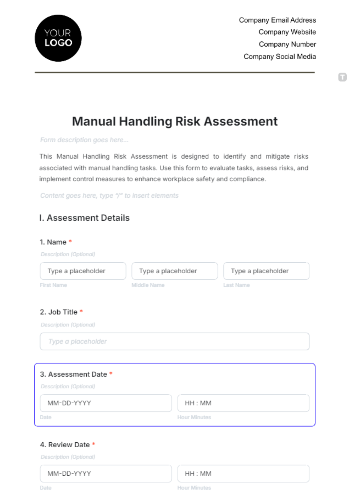 Manual Handling Risk Assessment Template - Edit Online & Download