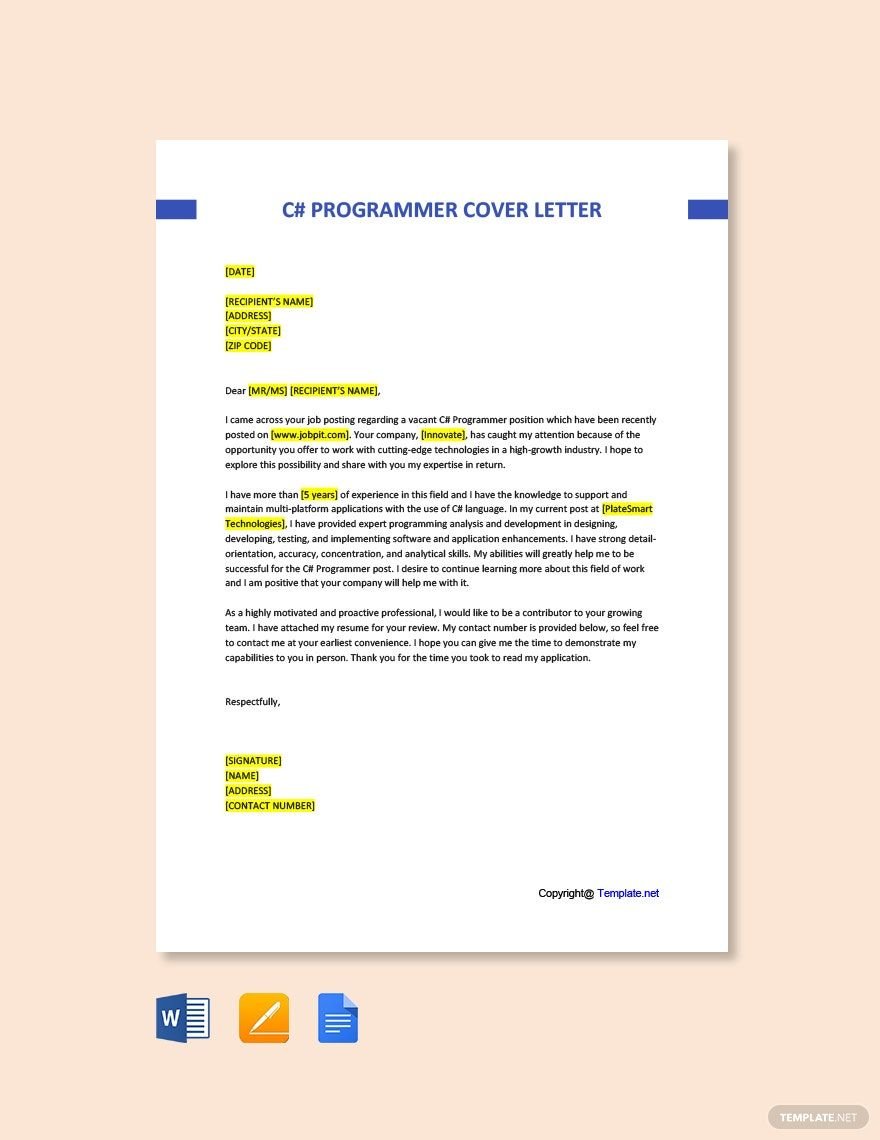 C# Programmer Cover Letter Template