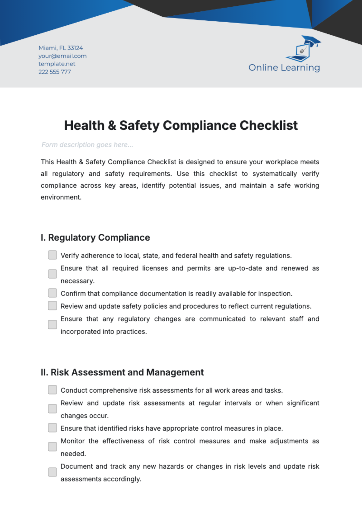 Free Health & Safety Compliance Checklist Template