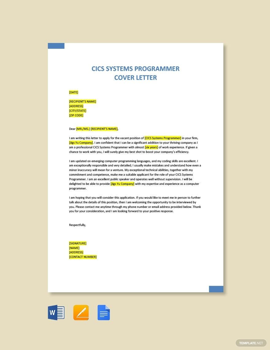 CICS Systems Programmer Cover Letter Template