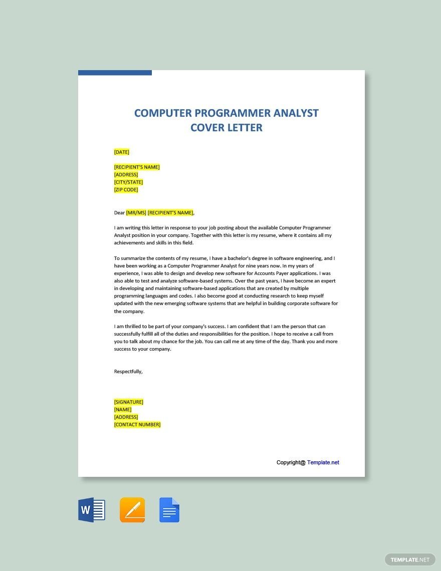 Computer Programmer Analyst Cover Letter Template