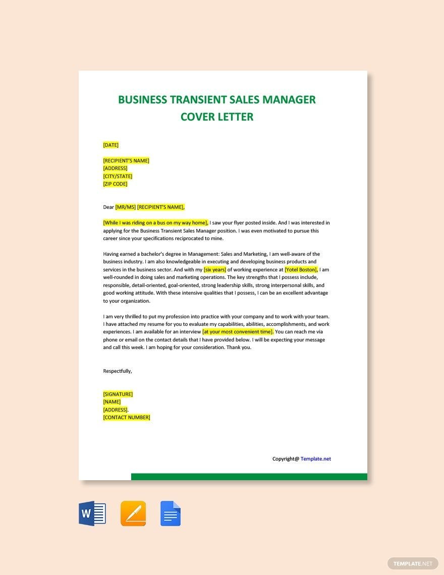 Business Transient Sales Manager Cover Letter Template
