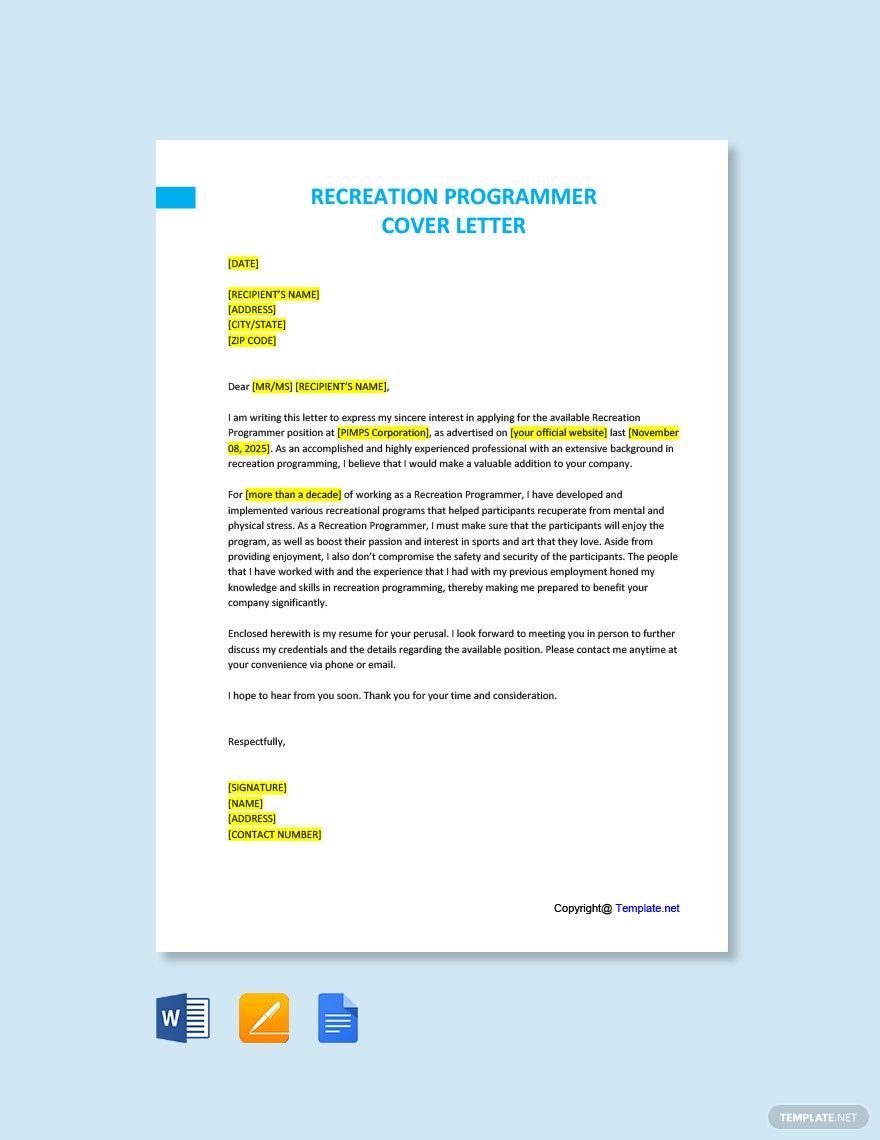 Recreation Programmer Cover Letter in Word, Google Docs, PDF, Apple Pages