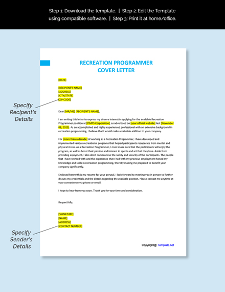 Free Recreation Programmer Cover Letter Template Google Docs Word 
