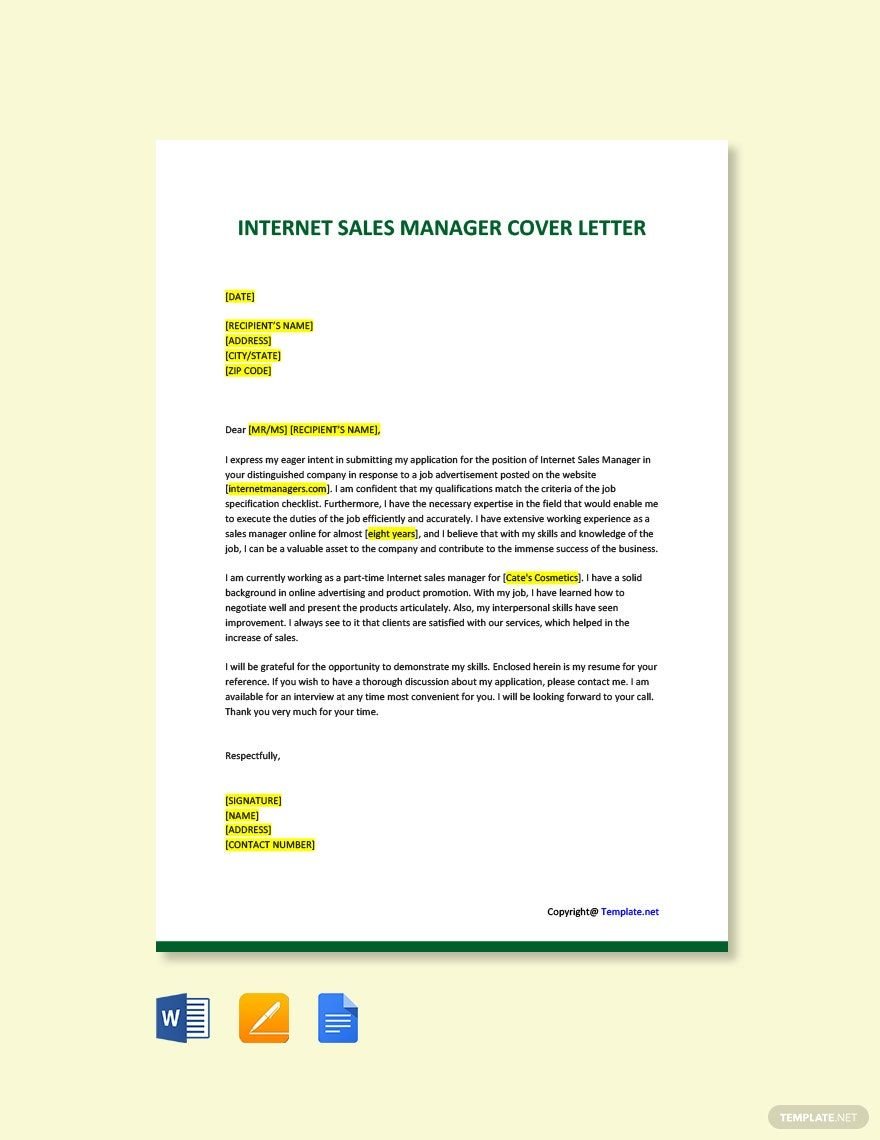 Internet Sales Manager Cover Letter
