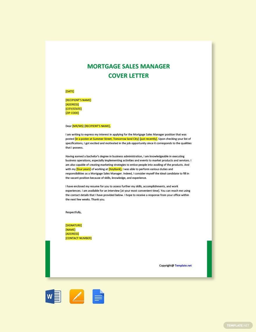 Mortgage Sales Manager Cover Letter