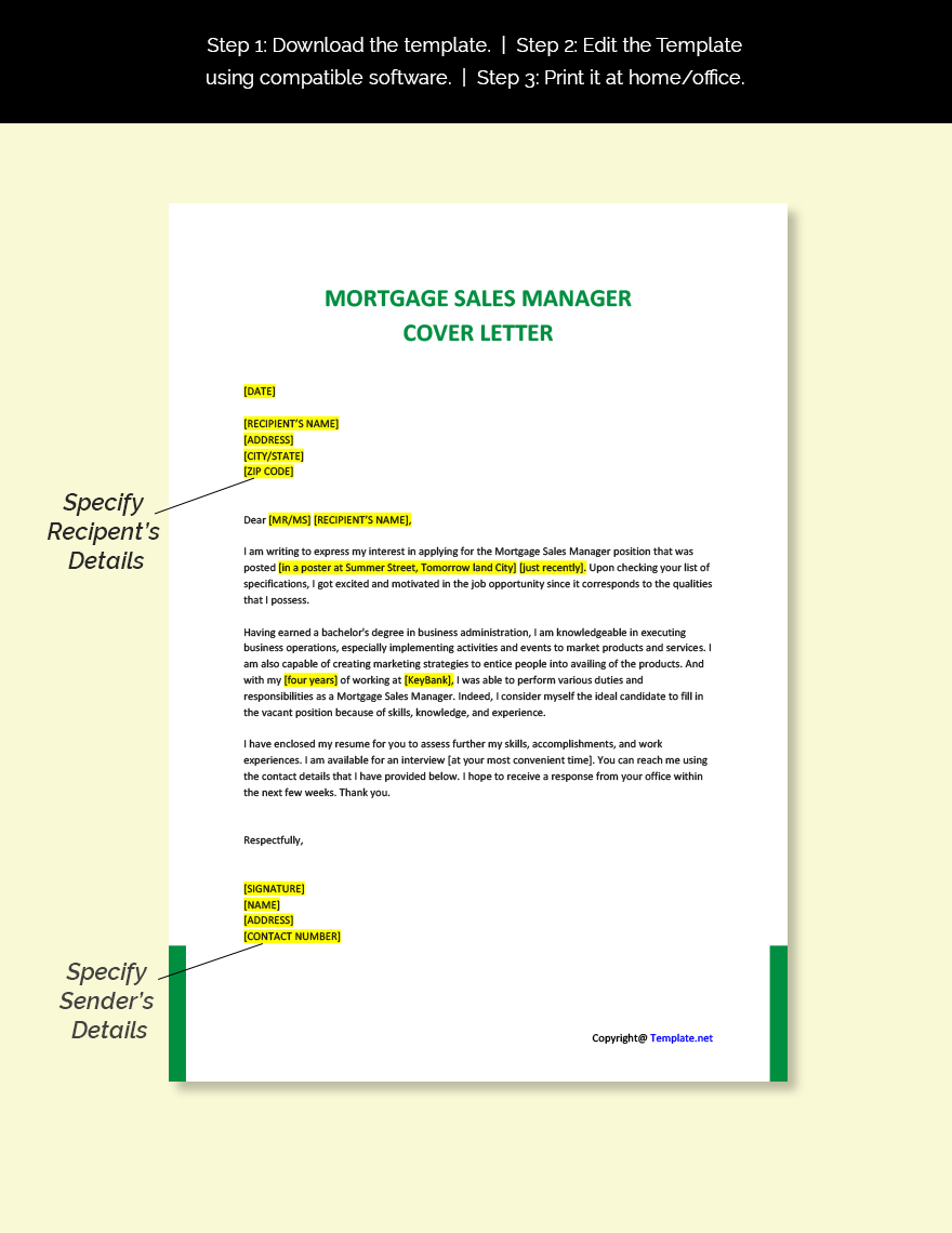 Mortgage Sales Manager Cover Letter