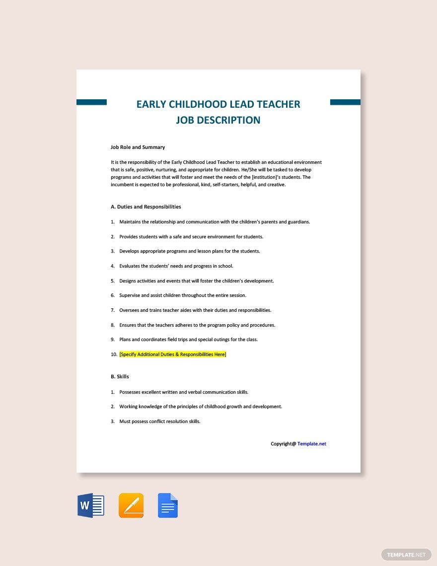 Early Childhood Lead Teacher Job Ad/Description Template