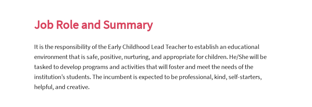 Early childhood lead teacher job description