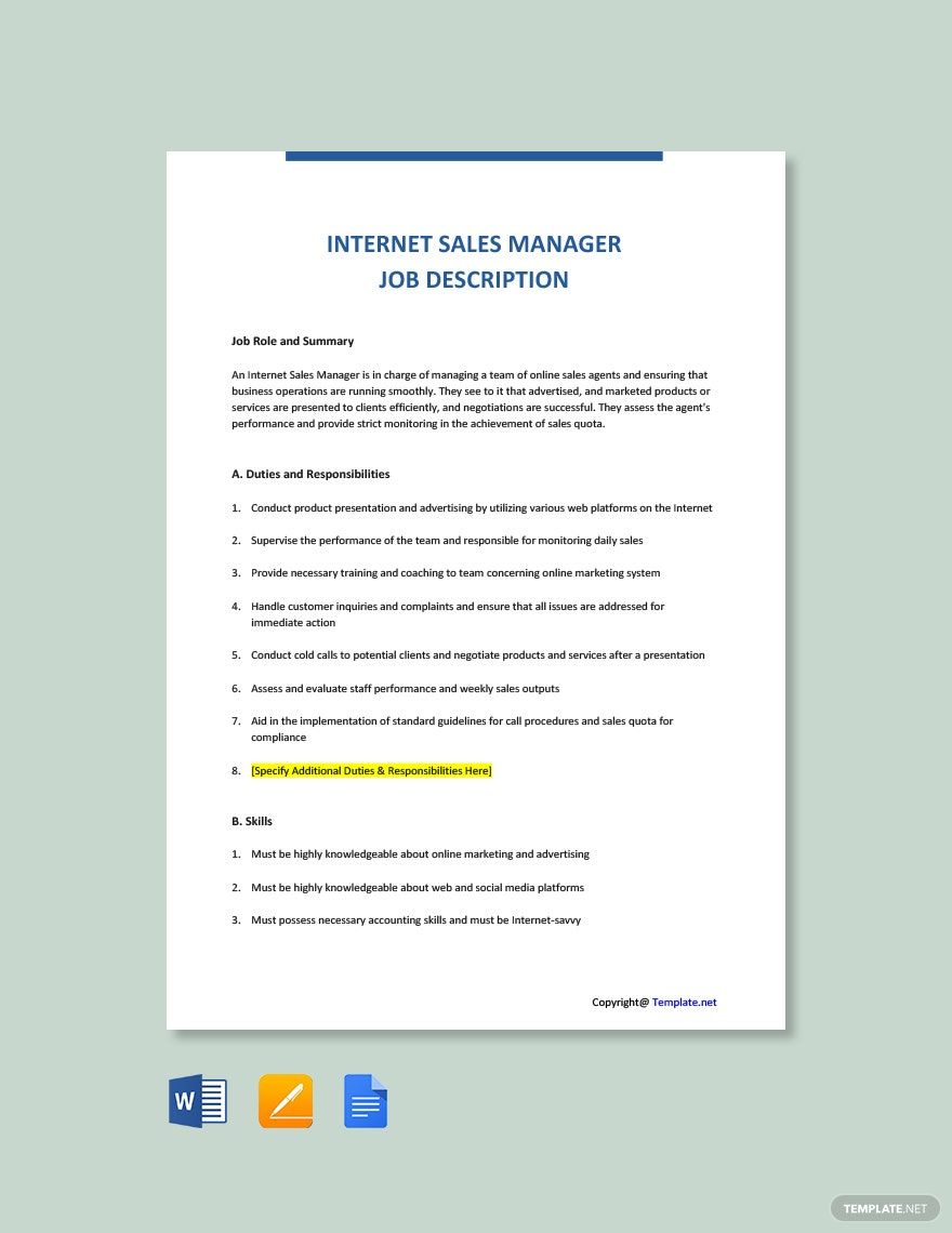 Internet Sales Manager Job Description