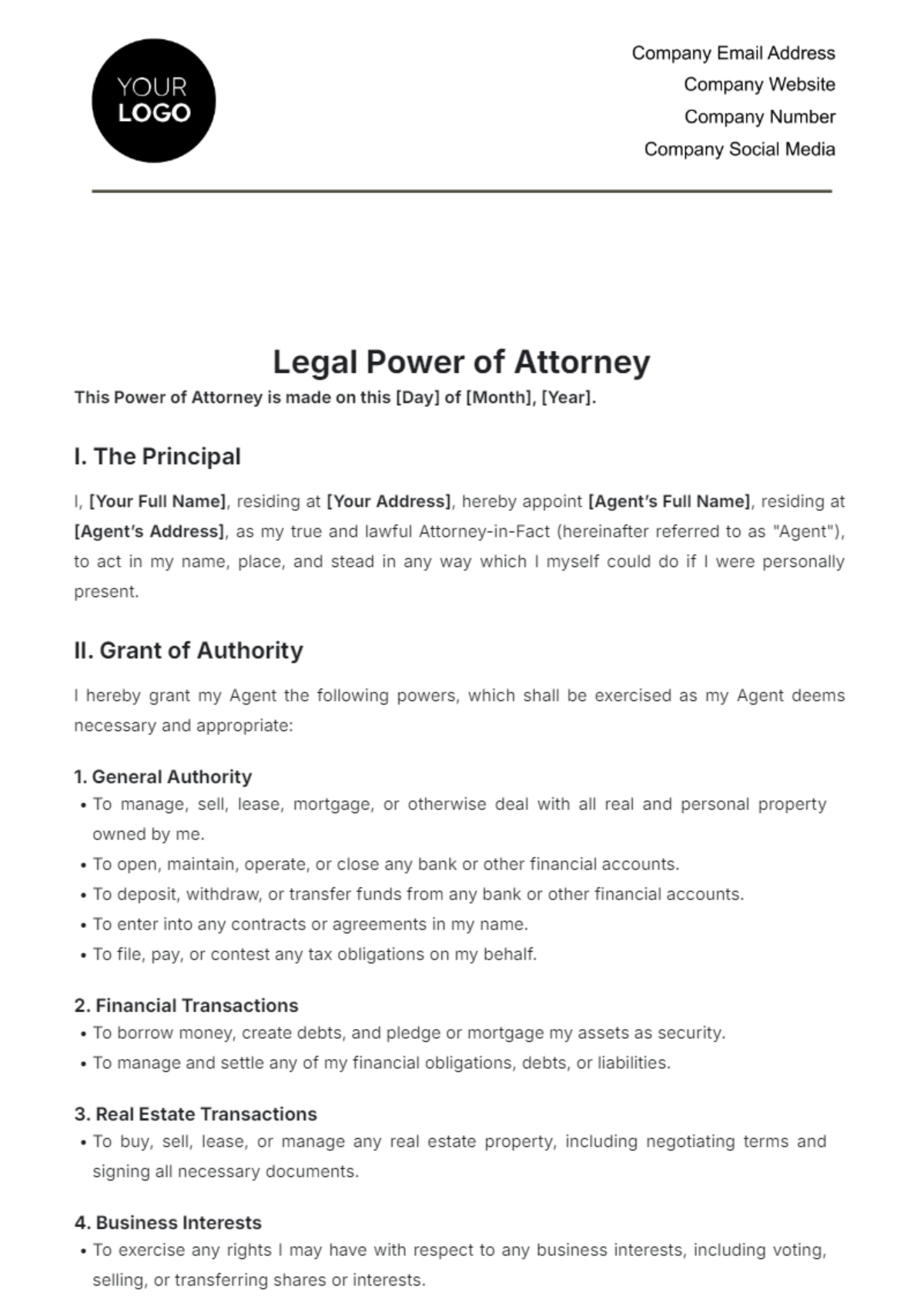 Legal Power of Attorney Template - Edit Online & Download