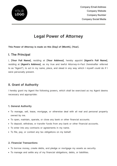 Free Legal Power of Attorney Template to Edit Online