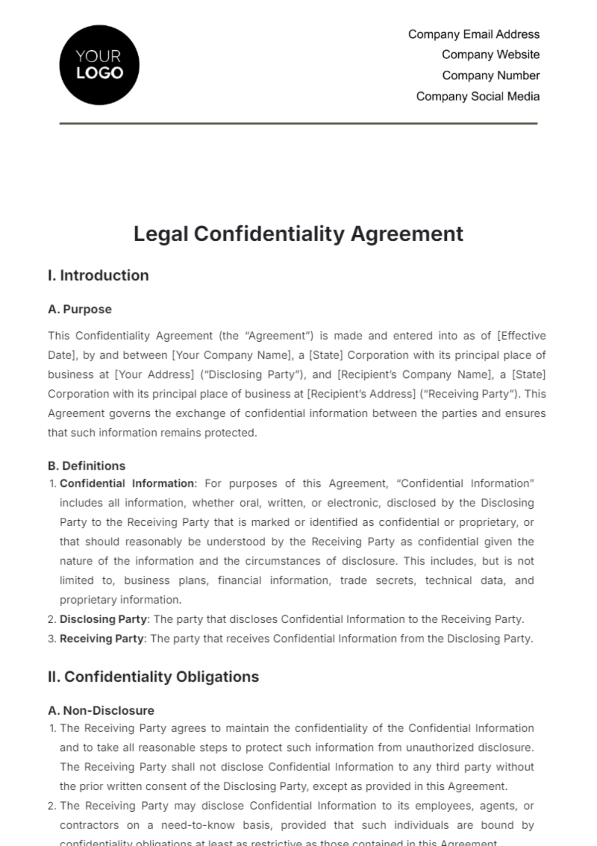 Legal Confidentiality Agreement Template