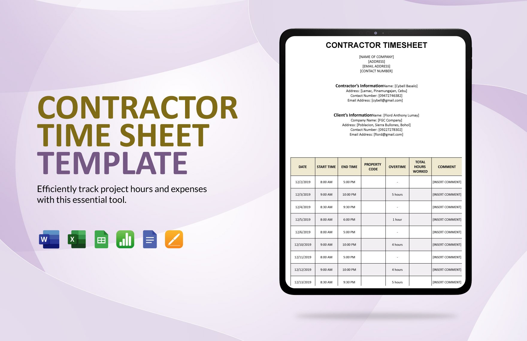 Contractor Time Sheet Template in Word, Google Docs, Excel, Google Sheets, Apple Pages, Apple Numbers