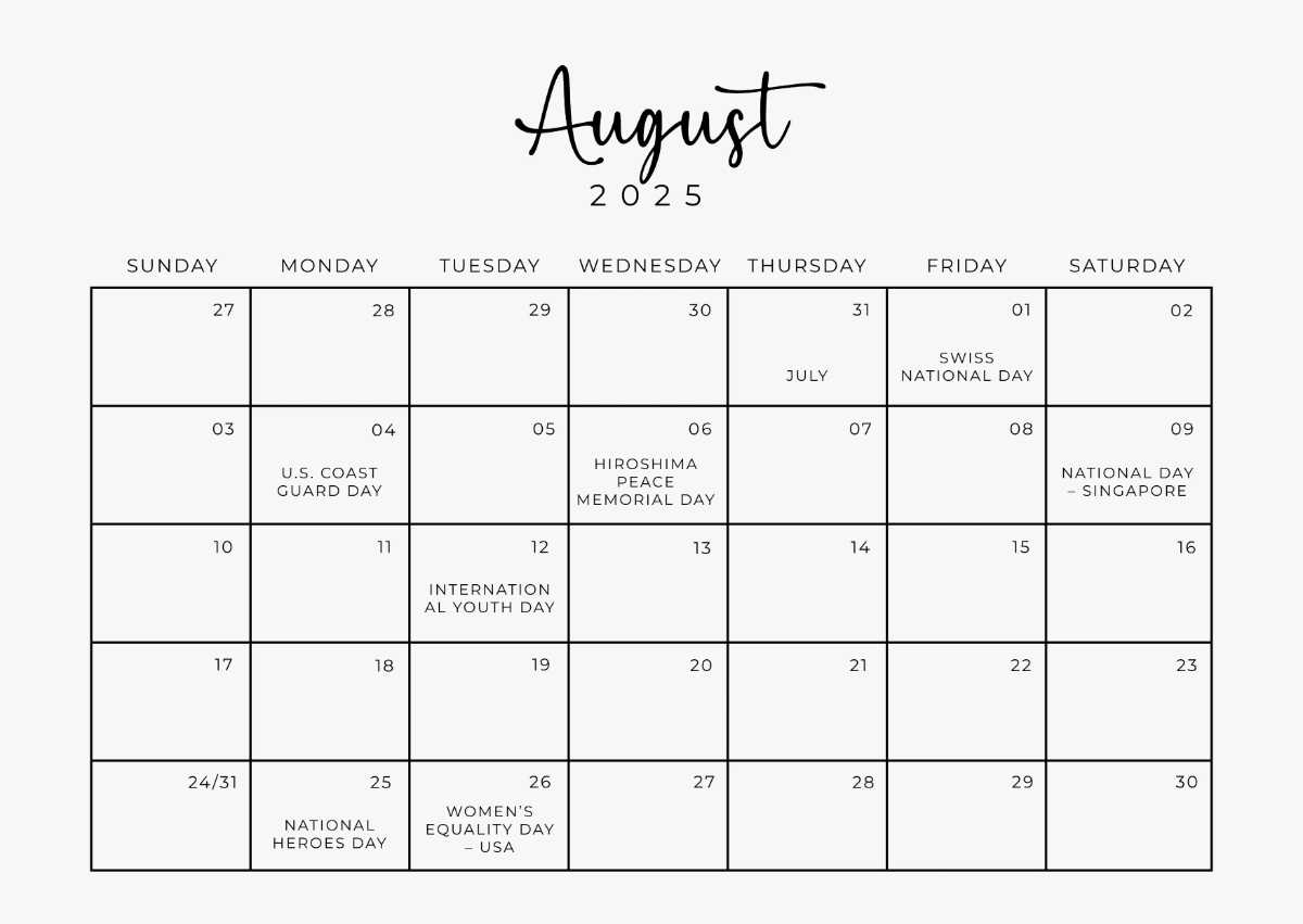 Free Vacation Calendar Template to Edit Online