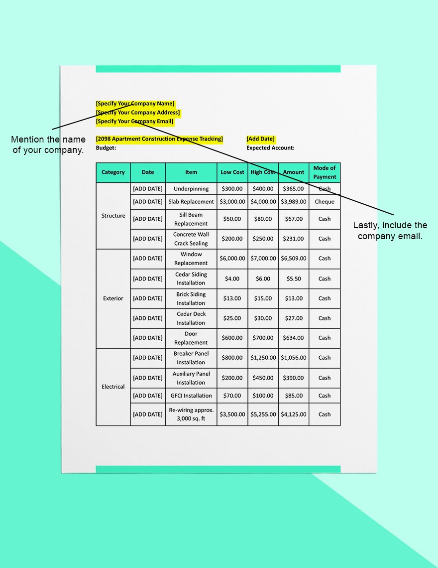 Commercial Construction Expense Tracking Template