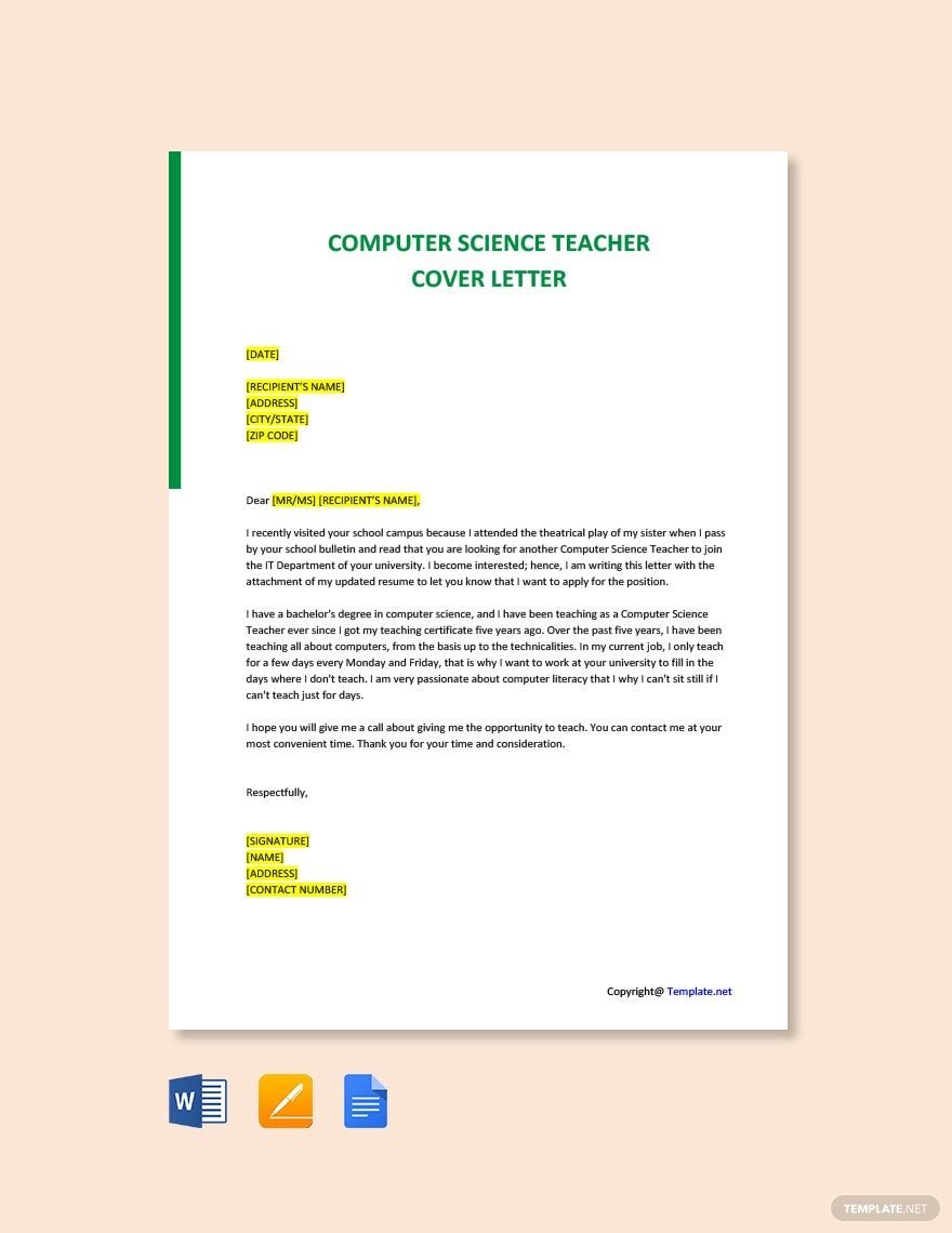 Computer Science Teacher Cover Letter Template