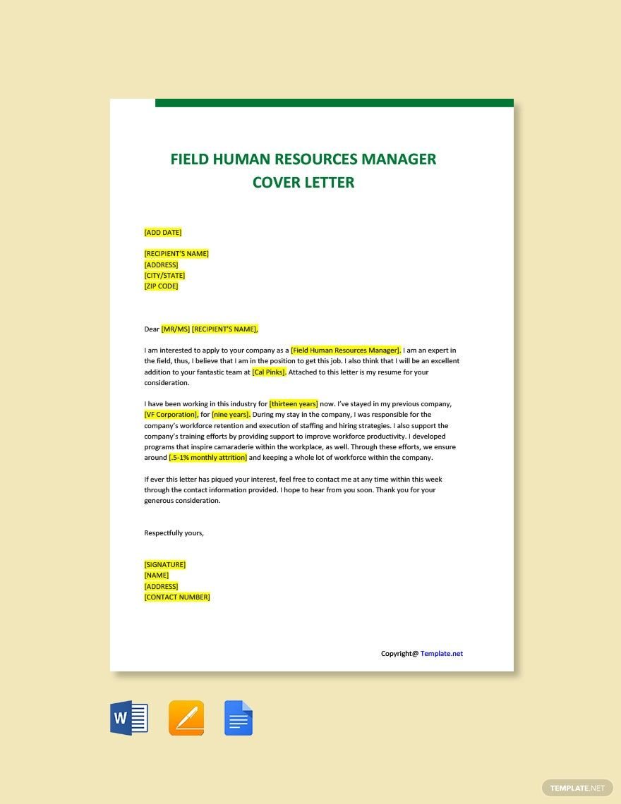 Field Human Resources Manager Cover Letter