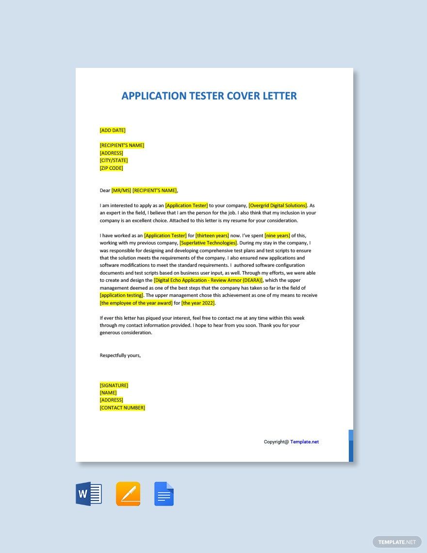 Application Tester Cover Letter in Word, Google Docs, PDF, Apple Pages