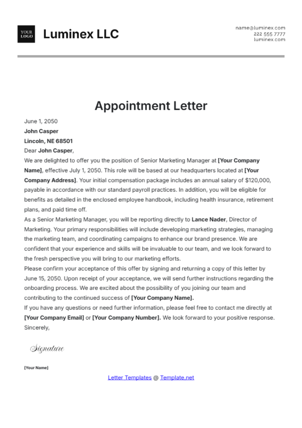 Appointment Letter Template - Edit Online & Download