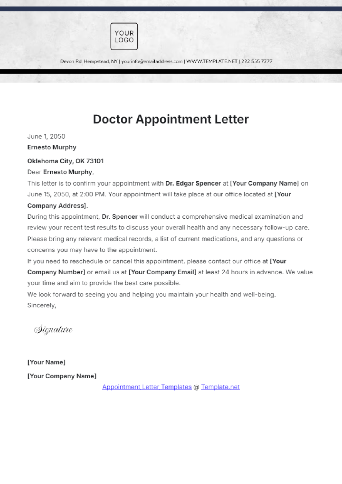 Doctor Appointment Letter Template - Edit Online & Download