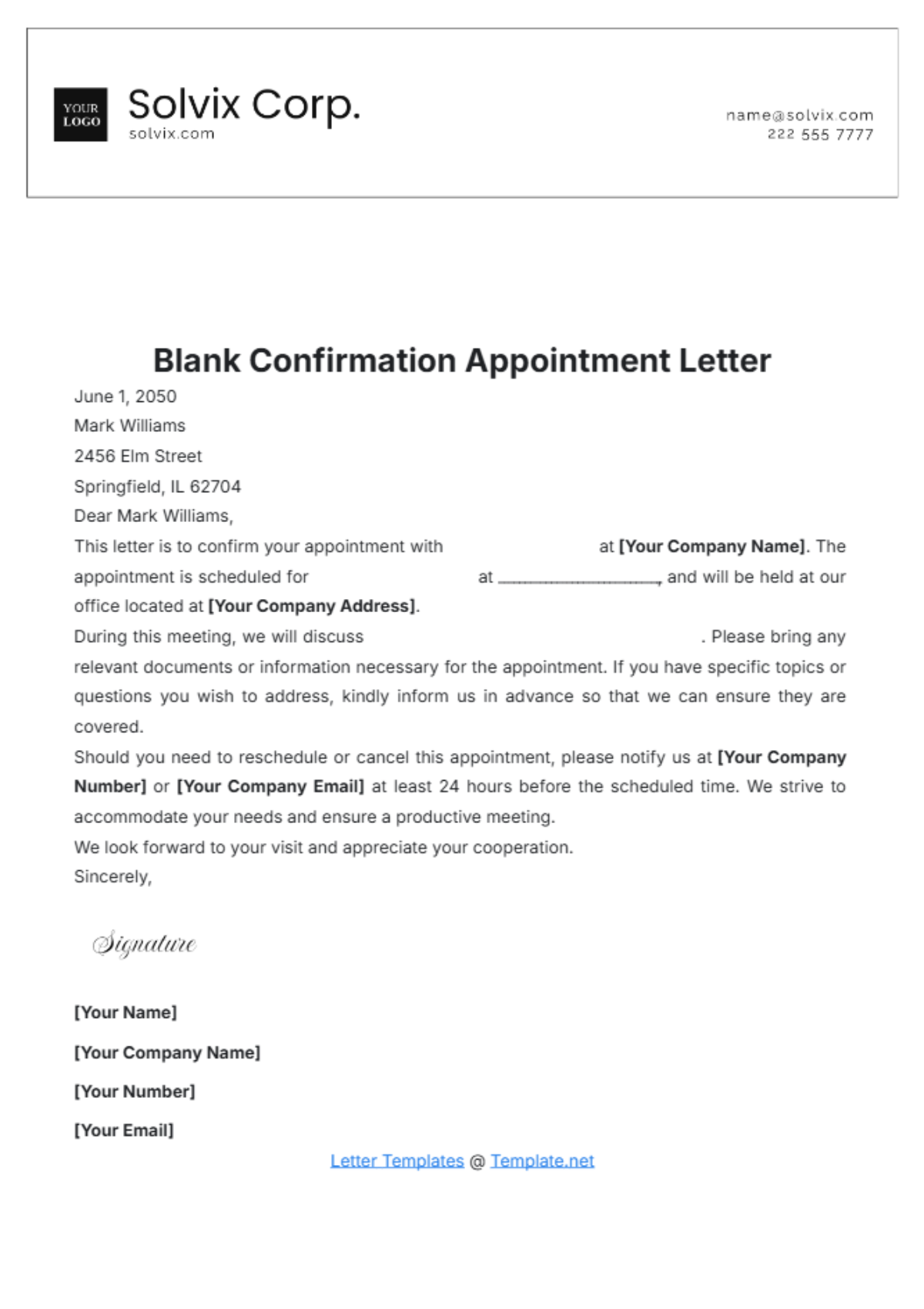 Blank Confirmation Appointment Letter Template