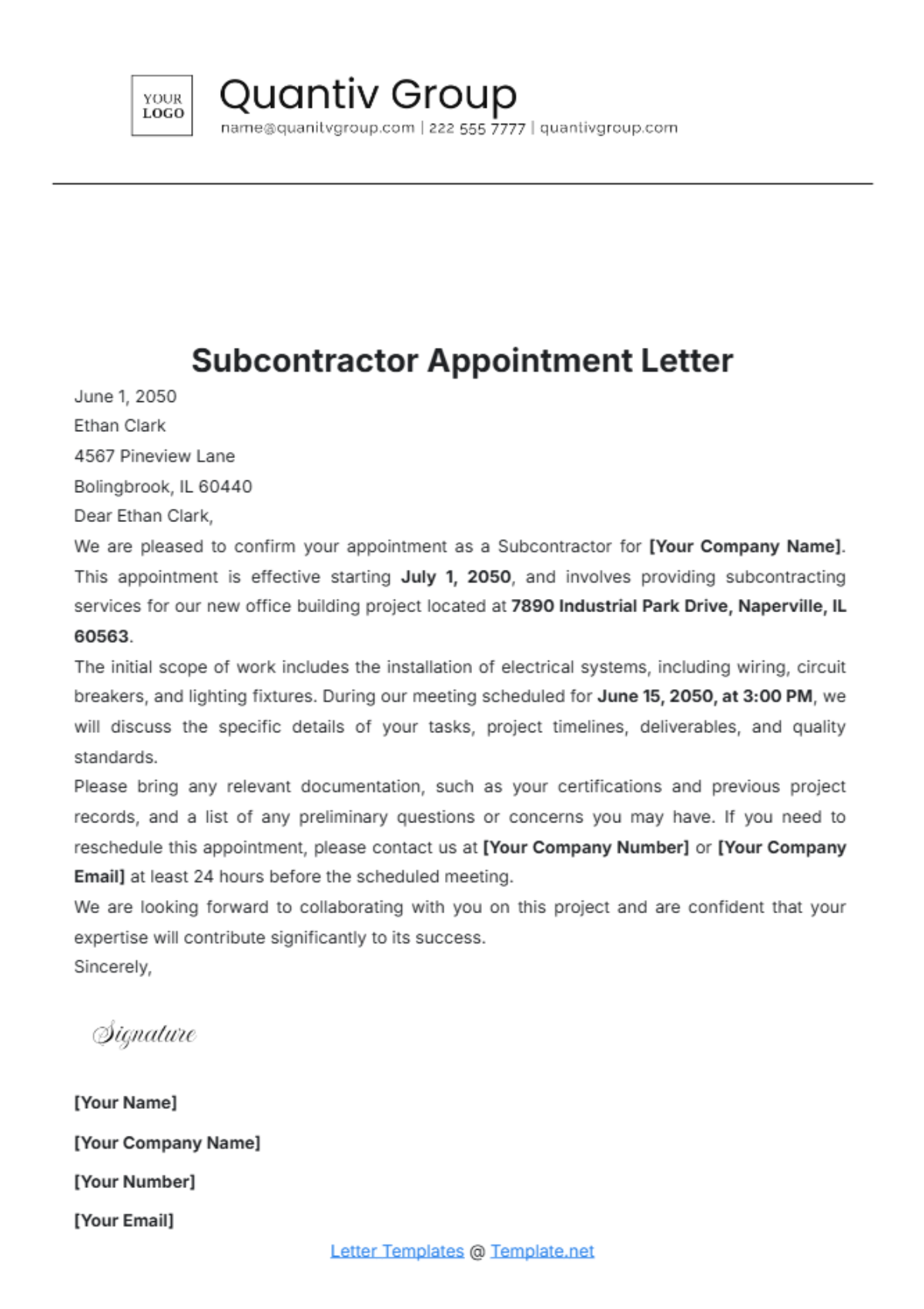 Subcontractor Appointment Letter Template