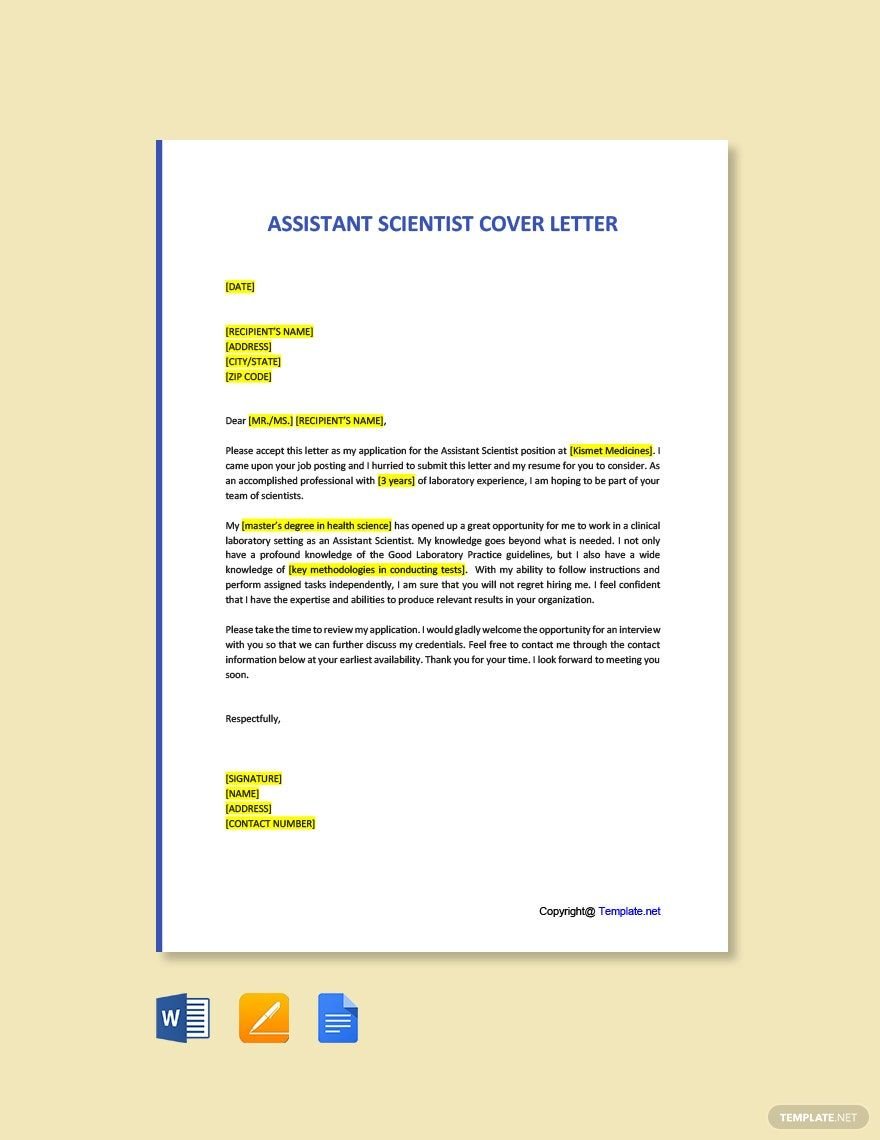 Assistant Scientist Cover Letter